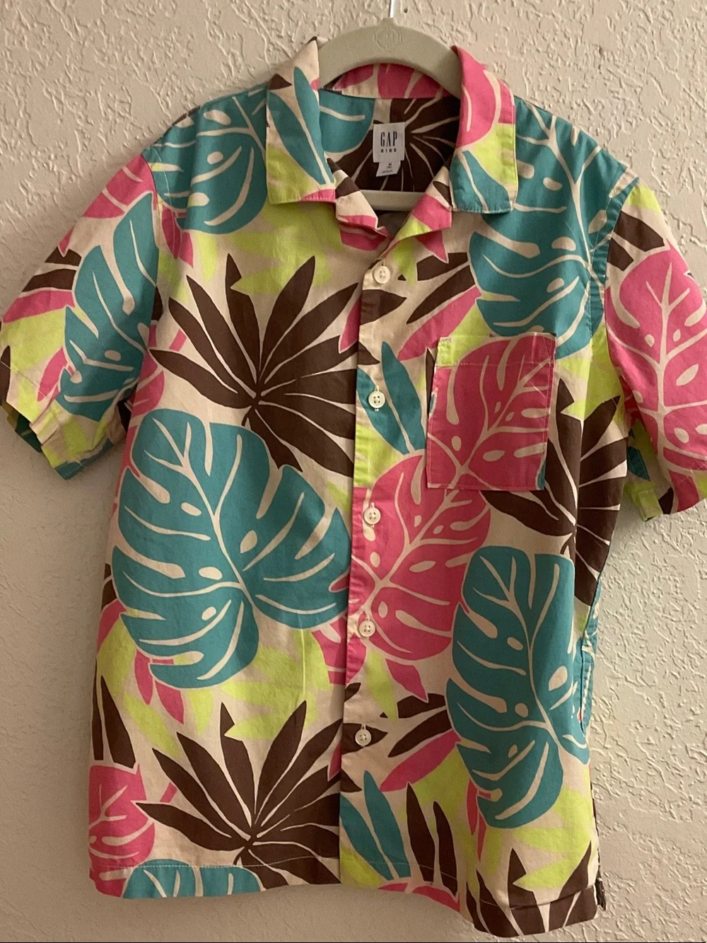 GAP Men’s Short Sleeve Tropical Leaf Print Shirt - Pink, Blue, Brown